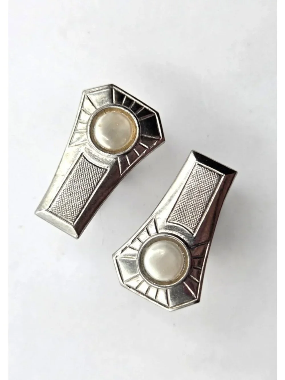 Vintage Silver-Tone Cufflinks With Faux Pearl Accent Art Deco Style